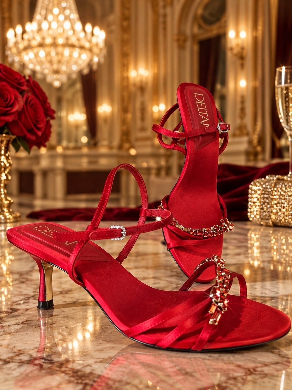 DeltanRuby Red Satin Rhinestone Strappy Heels